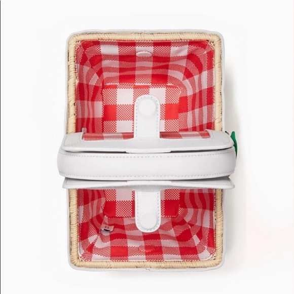 Kate Spade Strawberry Basket Lined Gingham Picnic Wicker Basket Satchel - Picture 6 of 8